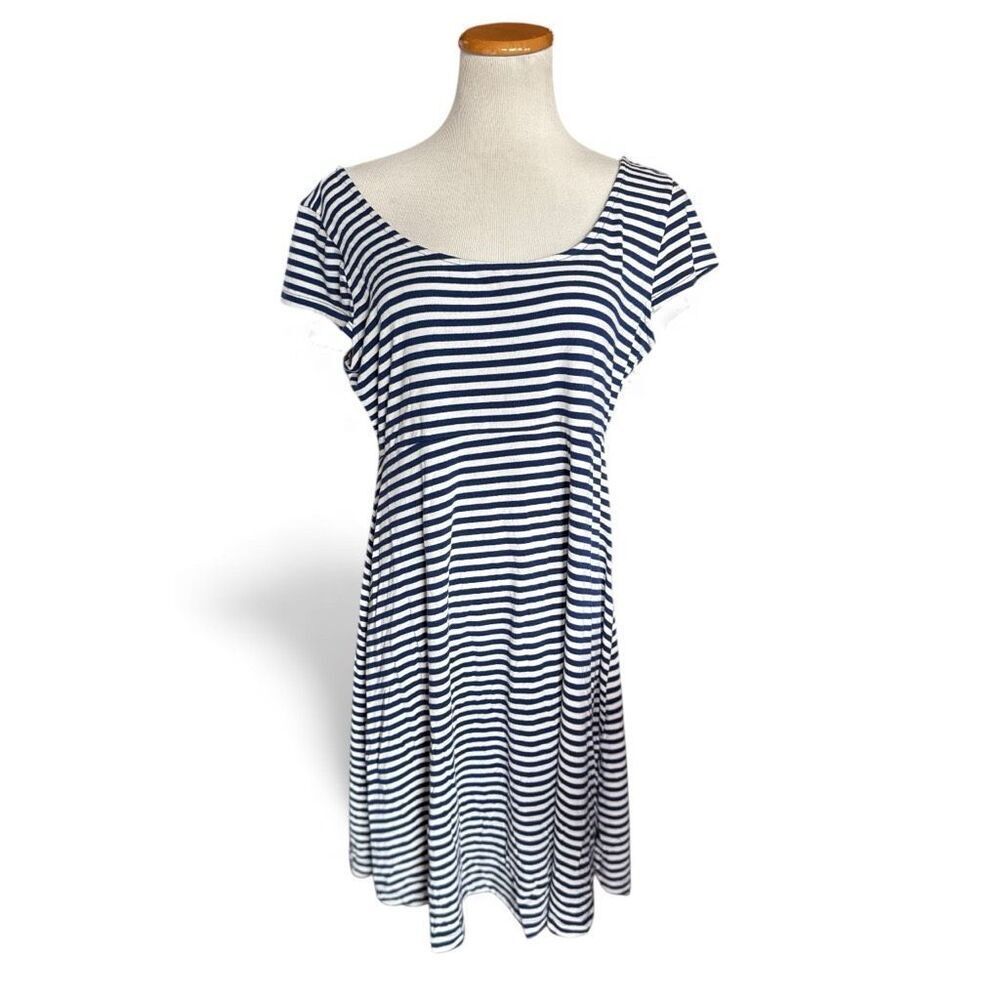 Womens Motherhood Maternity Navy Striped T Shirt Dress - Sz L